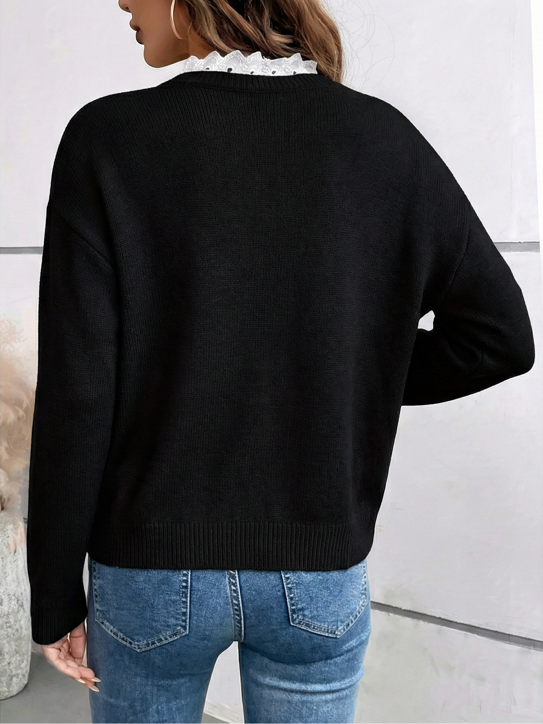 Céline | Pull Chic à Col en Dentelle, Toucher Cachemire