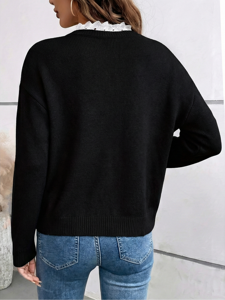 Céline | Pull Chic à Col en Dentelle, Toucher Cachemire