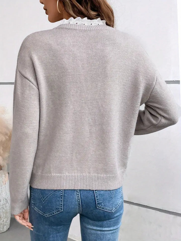 Céline | Pull Chic à Col en Dentelle, Toucher Cachemire